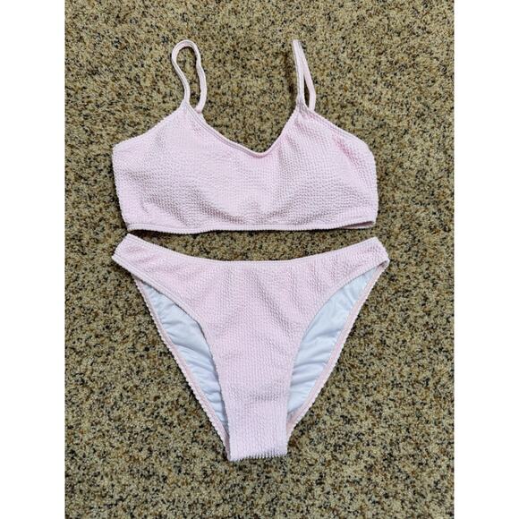 Women's Ribbed Bikini Sets Scoop Neck Cheeky Swimsuit Textured Pink‎ Two Piece M - Picture 2 of 8